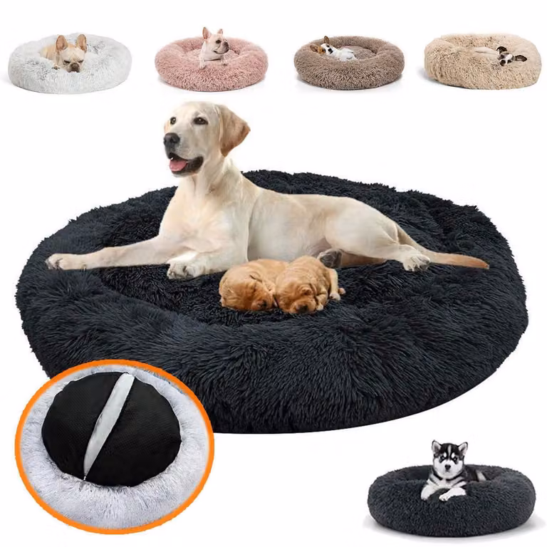 Cuccia ortopedica rotonda per cani, a forma di ciambella, in peluche, lavabile, colore nero, dimensioni 80x80x20 cm