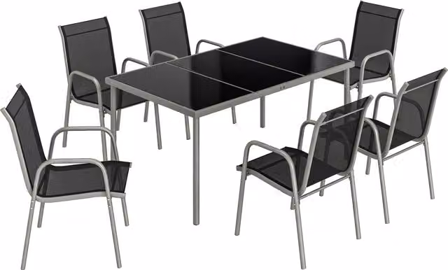 Set da giardino Outsunny composto da 7 pezzi con tavolo in vetro e 6 sedie impilabili, Nero e Argento