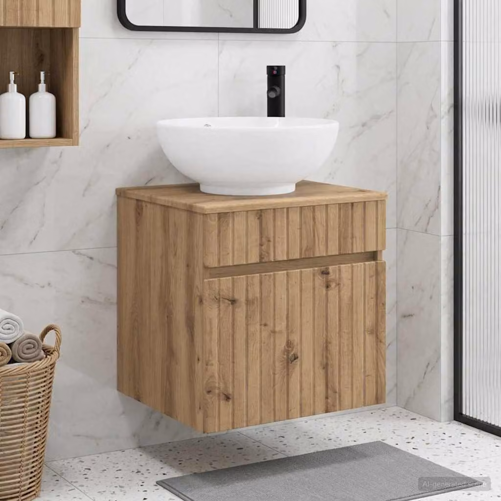 Mobile lavabo da parete vidaXL in rovere marrone con ante e cassetti, L: 49 cm, P: 44,5 cm, H: 66,5 cm