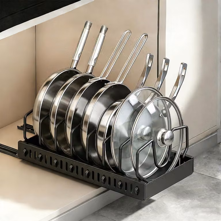 Set di 8 divisori per pentole e padelle, colore nero | Organizzatore estraibile per armadi con scomparti flessibili, ideale per una conservazione ordinata e un accesso rapido in cucina