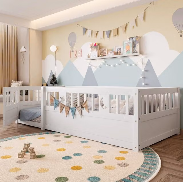 Letto per bambini 90x190 cm bianco in legno di pino con sponde di sicurezza, senza materasso