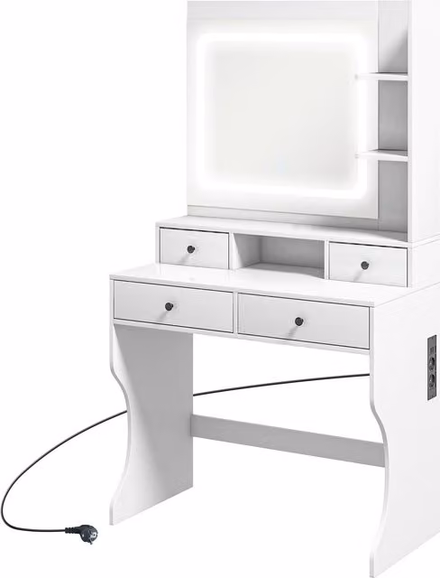Toeletta Trucco HOMCOM con Luci LED a 3 Tonalità, Specchio, Prese USB, 4 Cassetti e Mensole, Bianco, L: 90 cm, P: 45 cm, H: 160 cm