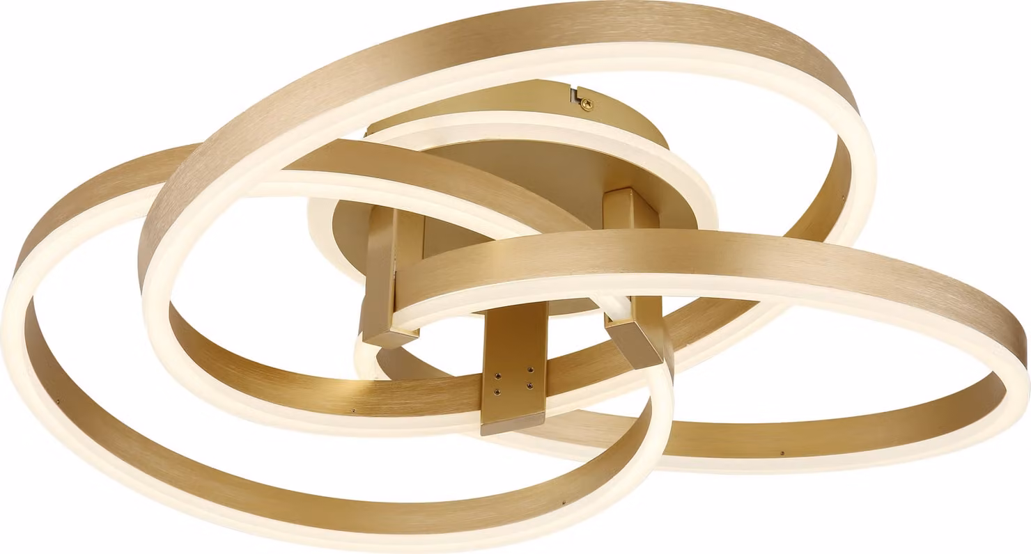 Lampada da soffitto Globo Lighting, metallo dorato opaco, alluminio dorato spazzolato, acrilico opale satinato, dimmerabile, con più livelli di intensità tramite interruttore a muro, colori regolabili, funzione di memoria, luce notturna, telecomando, batt