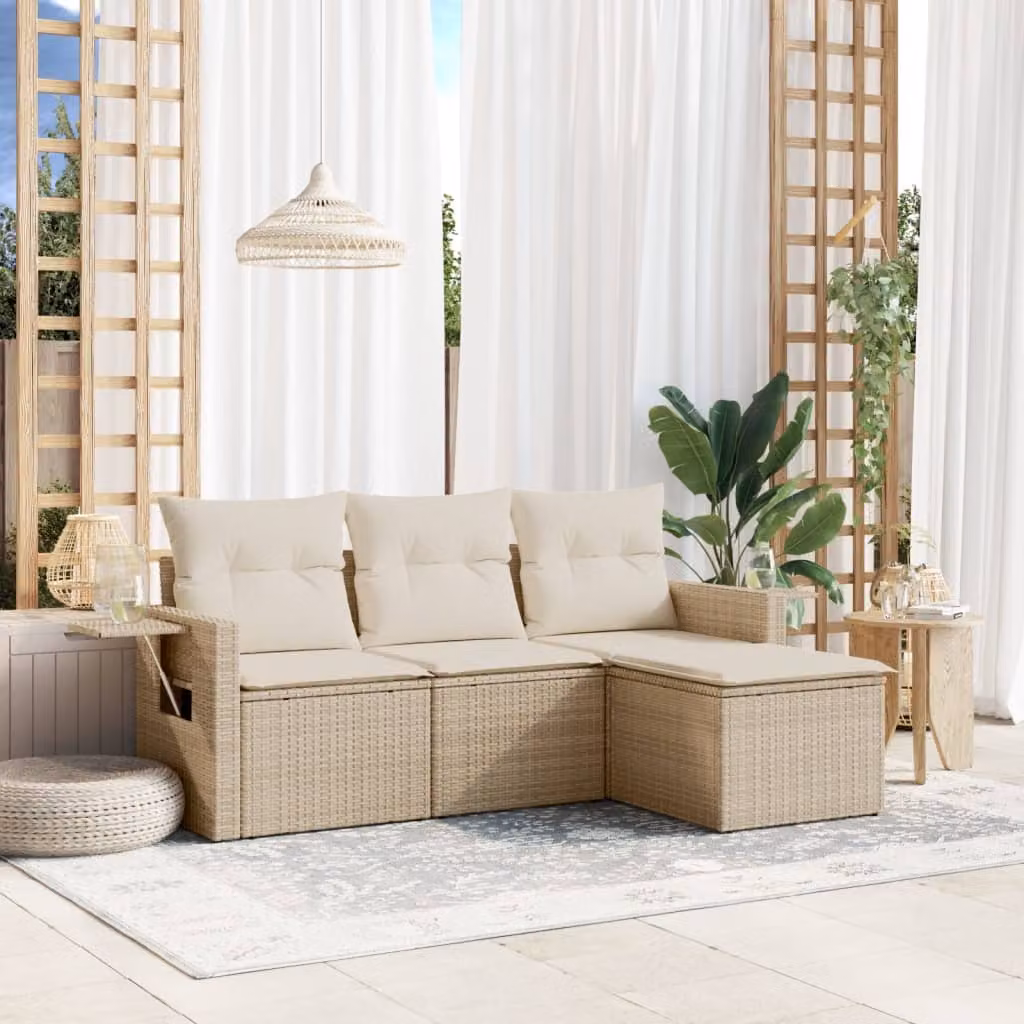 vidaXL Set Divano da Giardino 4 pz in Polyrattan Beige con Cuscini e Struttura in Metallo