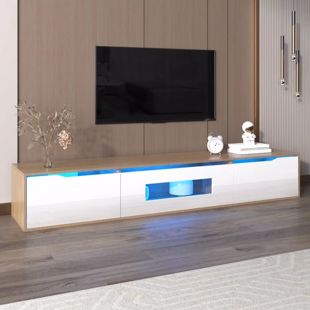 Mobile TV Mivray moderno con ante scanalate e illuminazione LED integrata, finitura bianco lucido con effetto legno, sospeso a parete – 2