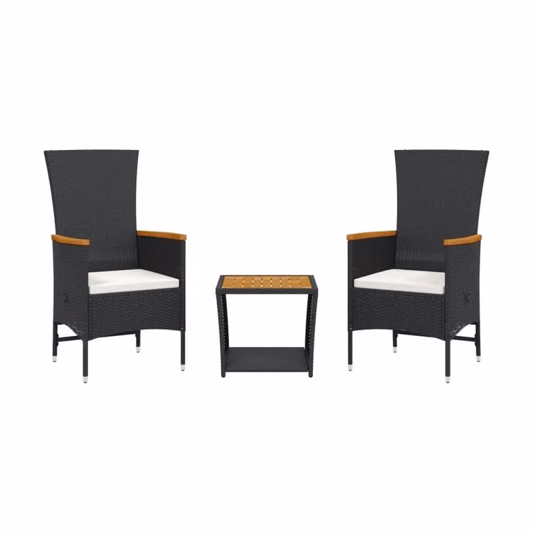 Set da Pranzo da Giardino 3 pz con Cuscini Nero in Polyrattan