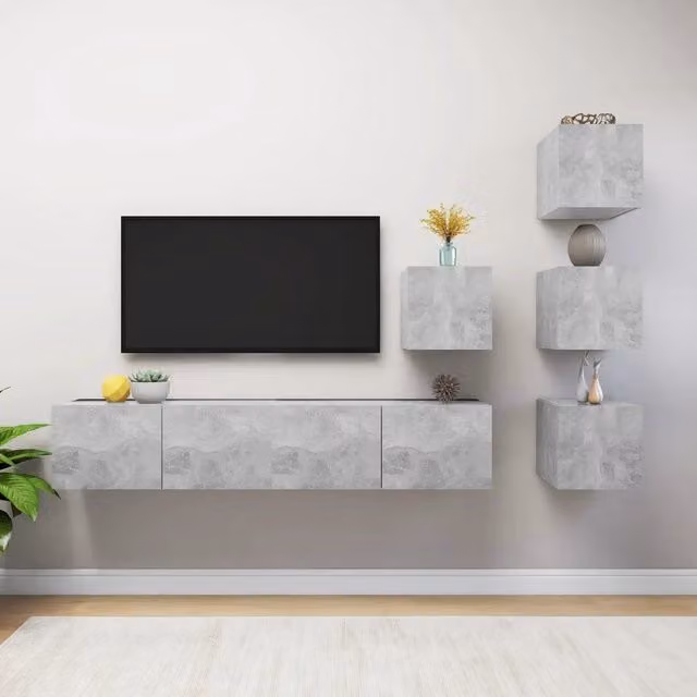 Set di Mobili Porta TV 6 pz-Set di 6 Credenza per TV Grigio Cemento in Legno Multistrato 643001