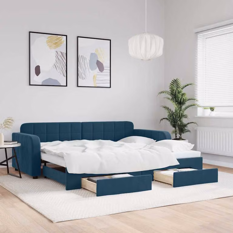 vidaXL Divano Letto Estraibile con Cassetti in Velluto Blu, L/P/H: 90 x 200 cm