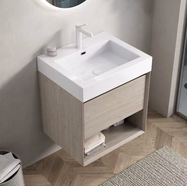 Mobile bagno da 55 cm con lavabo integrato in resina bianca e struttura in multistrato effetto quercia chiara