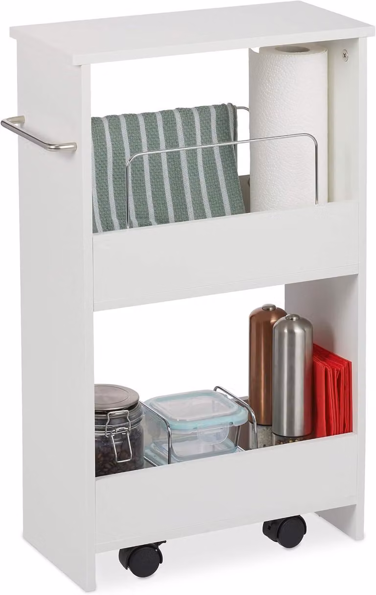 Carrello da cucina - 2 ripiani - Portaoggetti su ruote per la cucina - Legno - Portaoggetti stretto per il bagno - MDF - 67 x 20 x 43 cm - Bianco