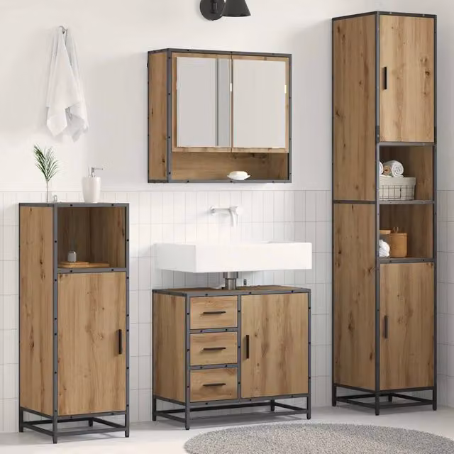 Set di mobili per bagno 3 pezzi vidaXL in legno rovere marrone con armadietto a specchio, mobile lavabo e colonna alta