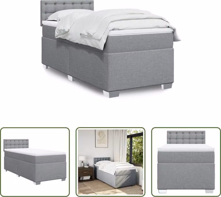 The Living Store Letto a molle con materasso grigio chiaro 100x200 cm in tessuto