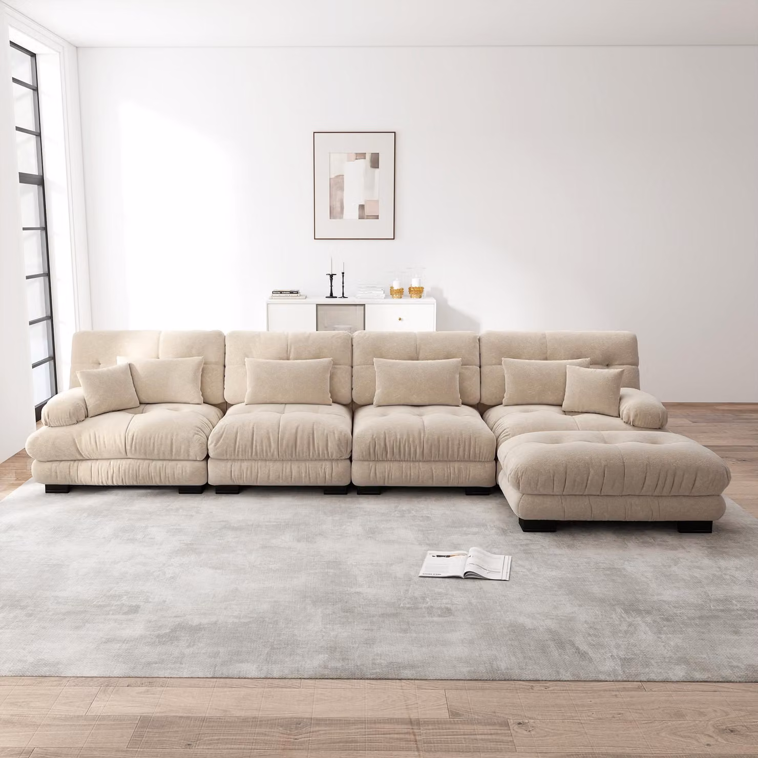 Divano angolare componibile Sweiko, set di divani a L per il soggiorno, comodi divani cloud a 4 posti con pouf mobile, combinazione fai da te, ciniglia, marrone chiaro