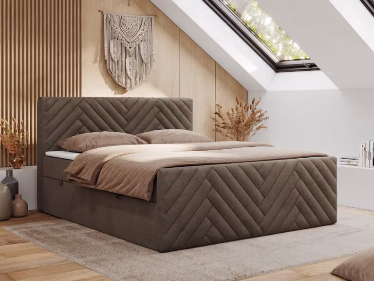 Letto boxspring MKS MEBLE 140x200 con contenitore e materasso H4 - Paris Duo - Velluto marrone