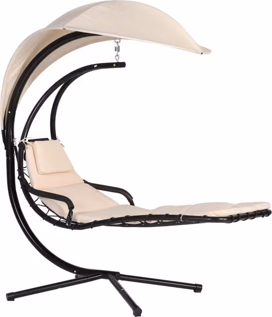 Dondolo da Giardino Bauer in Acciaio con Tendalino e Cuscini, Colore Beige/Bianco, H 200 x L 151 x P 104 cm