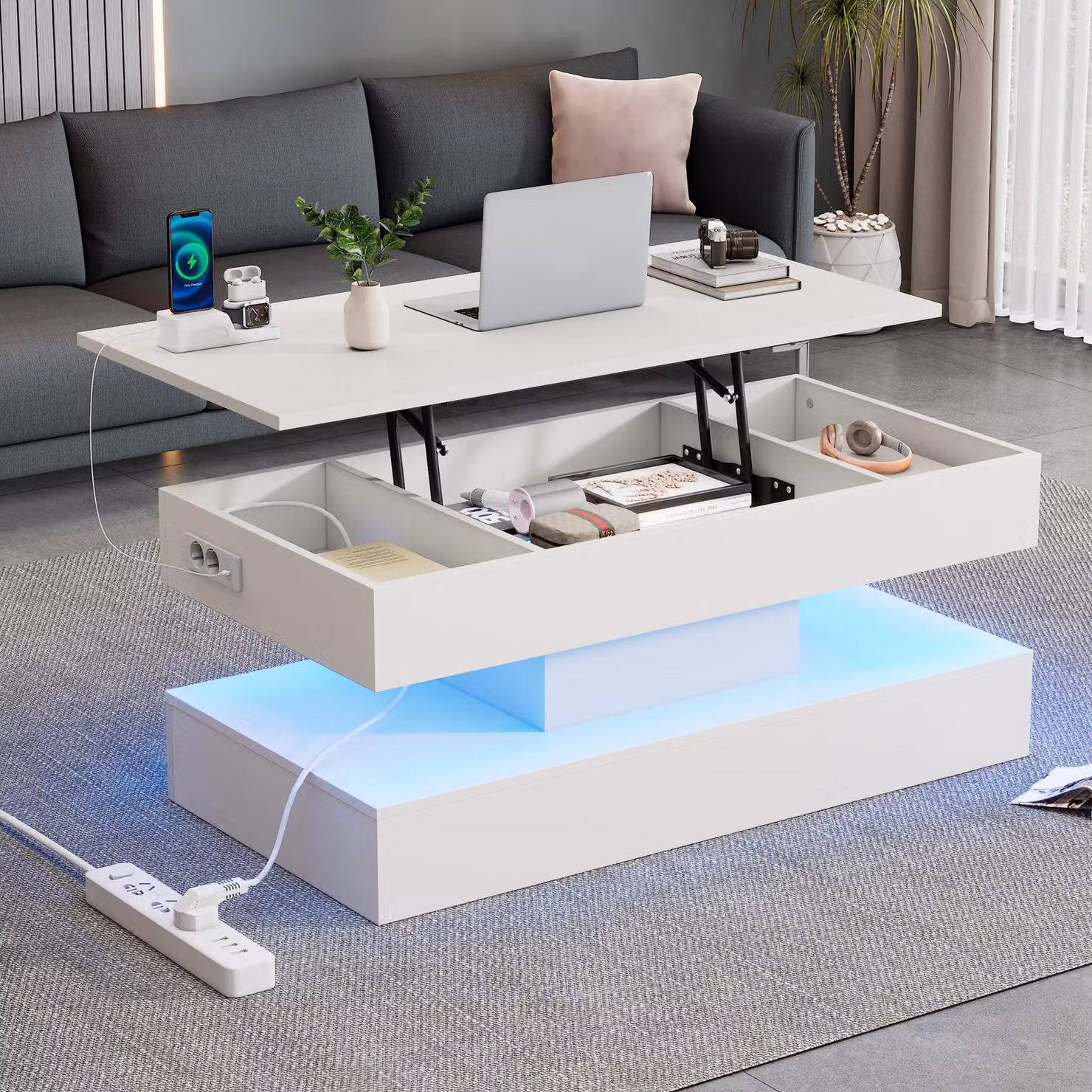 Tavolino da caffè con LED e sistema di sollevamento idraulico, vano contenitore nascosto, design moderno