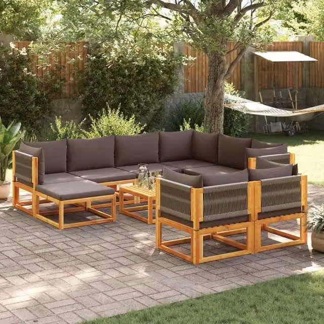 Set di divani da giardino vidaXL a forma di U composto da 10 pezzi in legno di acacia oliato con cuscini grigi e marroni