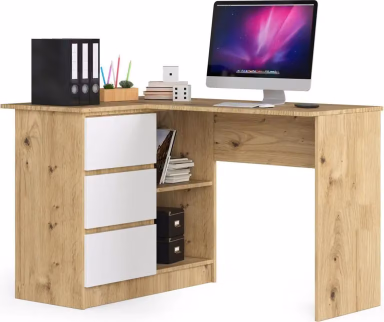 Scrivania angolare ALERON - rovere artisan / bianco, versione a sinistra