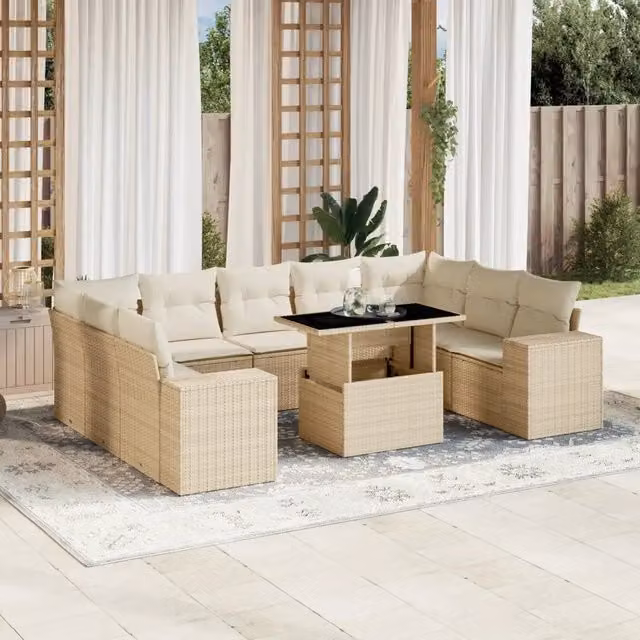 Set Divano da Giardino a Forma di U vidaXL in Polyrattan con Cuscini Beige e Tavolino – 1
