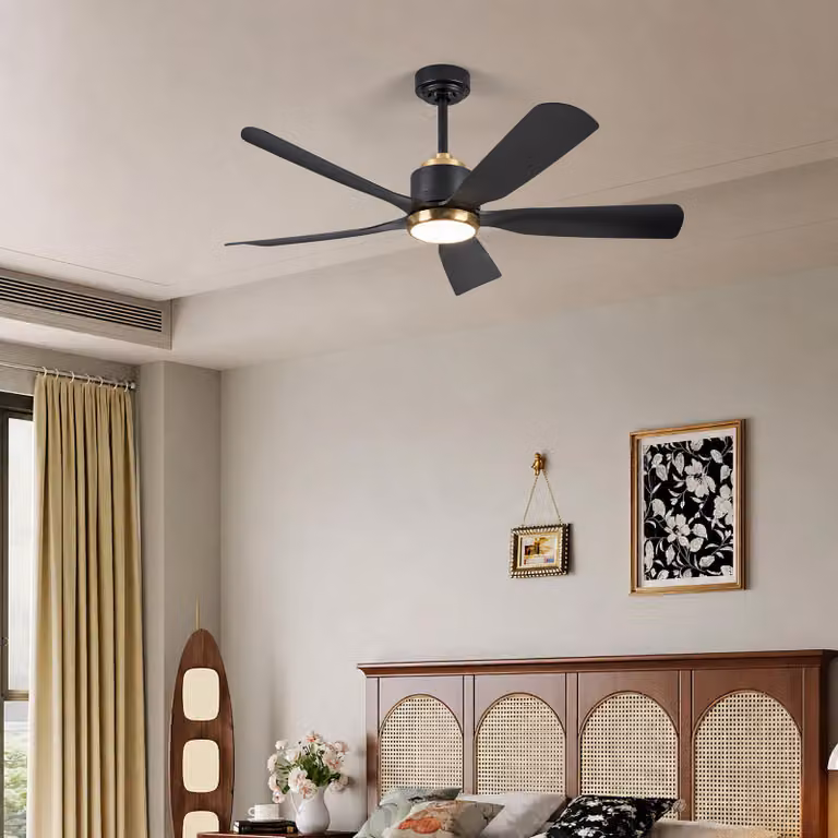 Ventilatore da soffitto ZELURXX con LED, 132 cm (52 pollici), 5 pale, tutto nero, in ABS, reversibile, controllabile tramite app, dimmerabile, silenzioso, a risparmio energetico, per estate e inverno