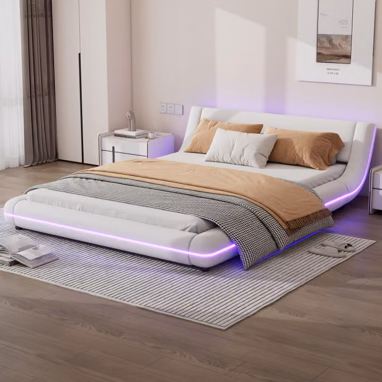 Letto imbottito Merax 140x200cm, letto piano con illuminazione LED, rete a doghe, letto matrimoniale, letto per bambini, letto per ragazzi, PU, bianco