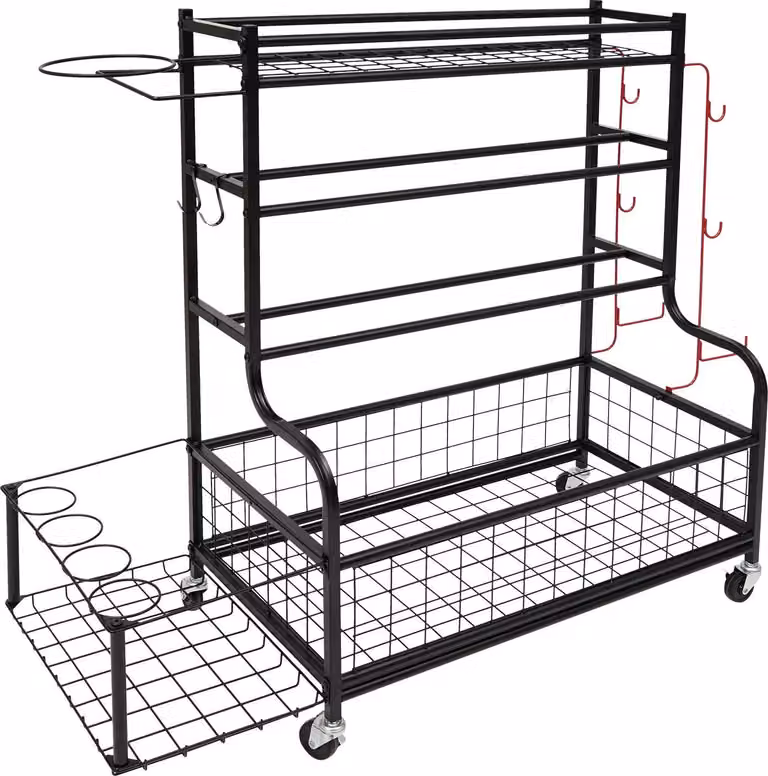 Scaffale porta attrezzi sportivi - Organizer - Rotelle universali - Ganci - Impilabile - Ferro - Versatile - 102 x 40 x 93 cm - Nero
