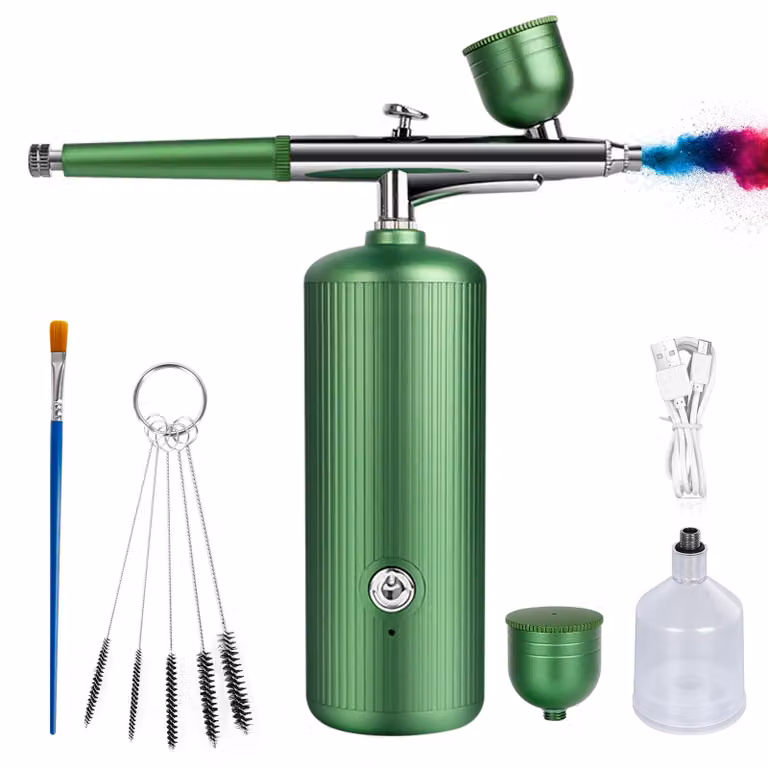 Kit per aerografo con compressore, portatile, a doppia azione, colore verde