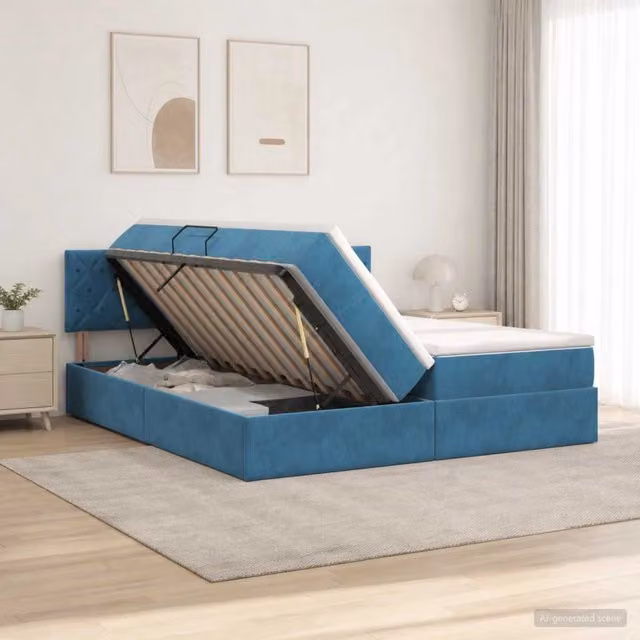 Letto con Contenitore e Testiera in Velluto vidaXL, Blu e Bianco, L/P/H: 200 x 200 x 88 cm