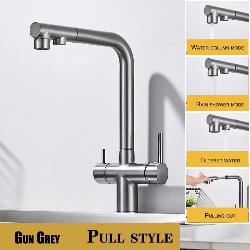 Rubinetto da cucina con filtro dell'acqua - Rubinetto estraibile per lavello - Acqua calda e fredda - Bocchetta doppia girevole a 360° - Miscelatore a due manopole - Grigio gunmetal