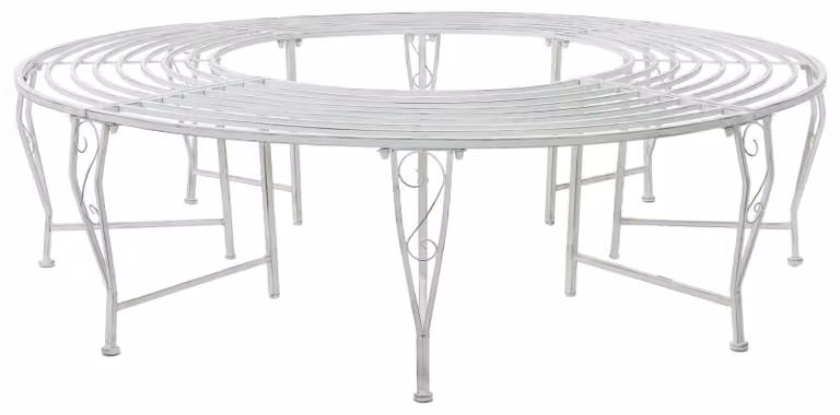 Panca da giardino con schienale, 8 posti, diametro 160 x 44 cm, acciaio, finitura bianco anticato