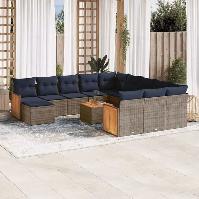 Set di divani da giardino a L vidaXL in polyrattan con cuscini grigi e blu, composto da 13 pezzi con tavolino e pouf