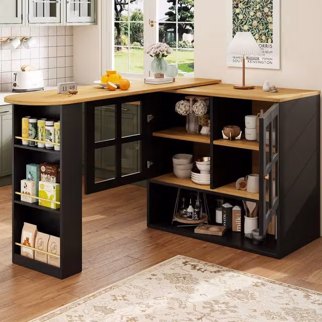 Credenza girevole estensibile con ante in vetro temperato e ripiani regolabili per cucina e soggiorno in MDF nero