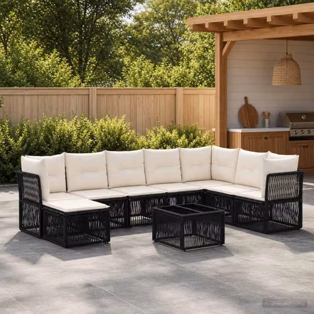 Set Divano da Giardino a L con Poltrona, Tavolino e Pouf vidaXL, 9 Pezzi, Nero – 1