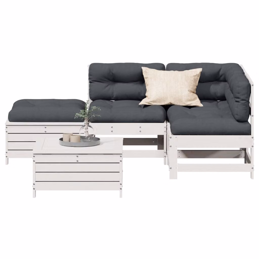 Set Salotto da Giardino vidaXL a Forma di L in Legno di Pino Trattato con 5 Pezzi, Cuscini Bianchi e Antracite e Ottoman incluso