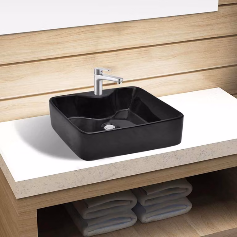 vidaXL Lavandino da Bagno in Ceramica Nera Quadrato con Foro per Rubinetto L/P/H: 48,0 x 37,0 x 13,5 cm