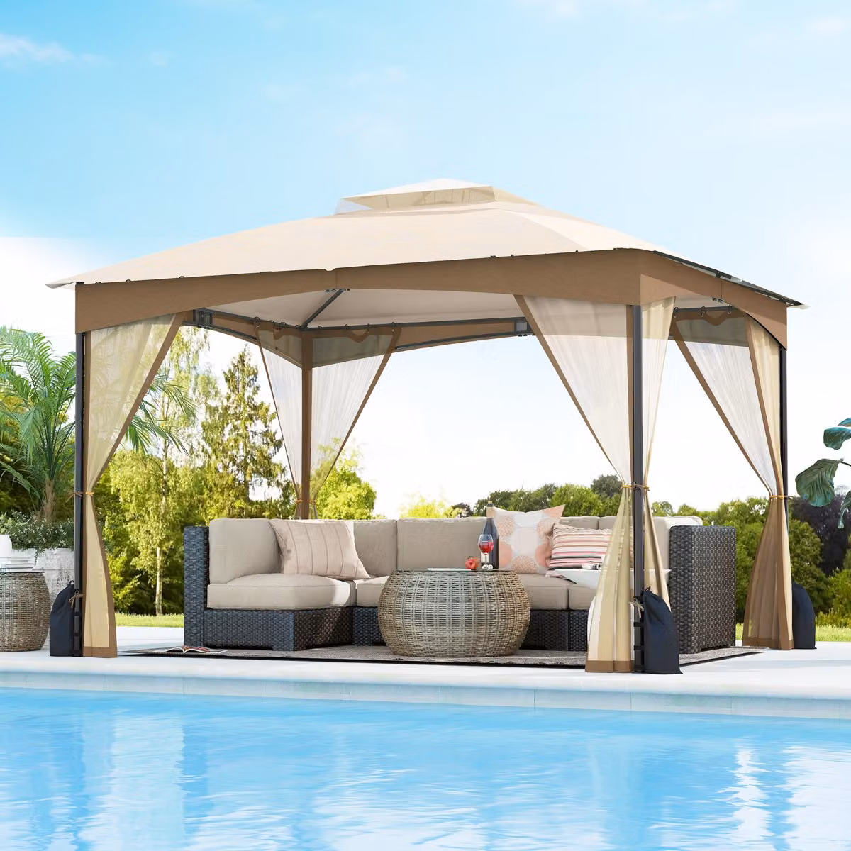 Gazebo da patio Costway con doppia copertura beige e 4 sacchetti di sabbia L: 360 cm, P: 300 cm, H: 290 cm