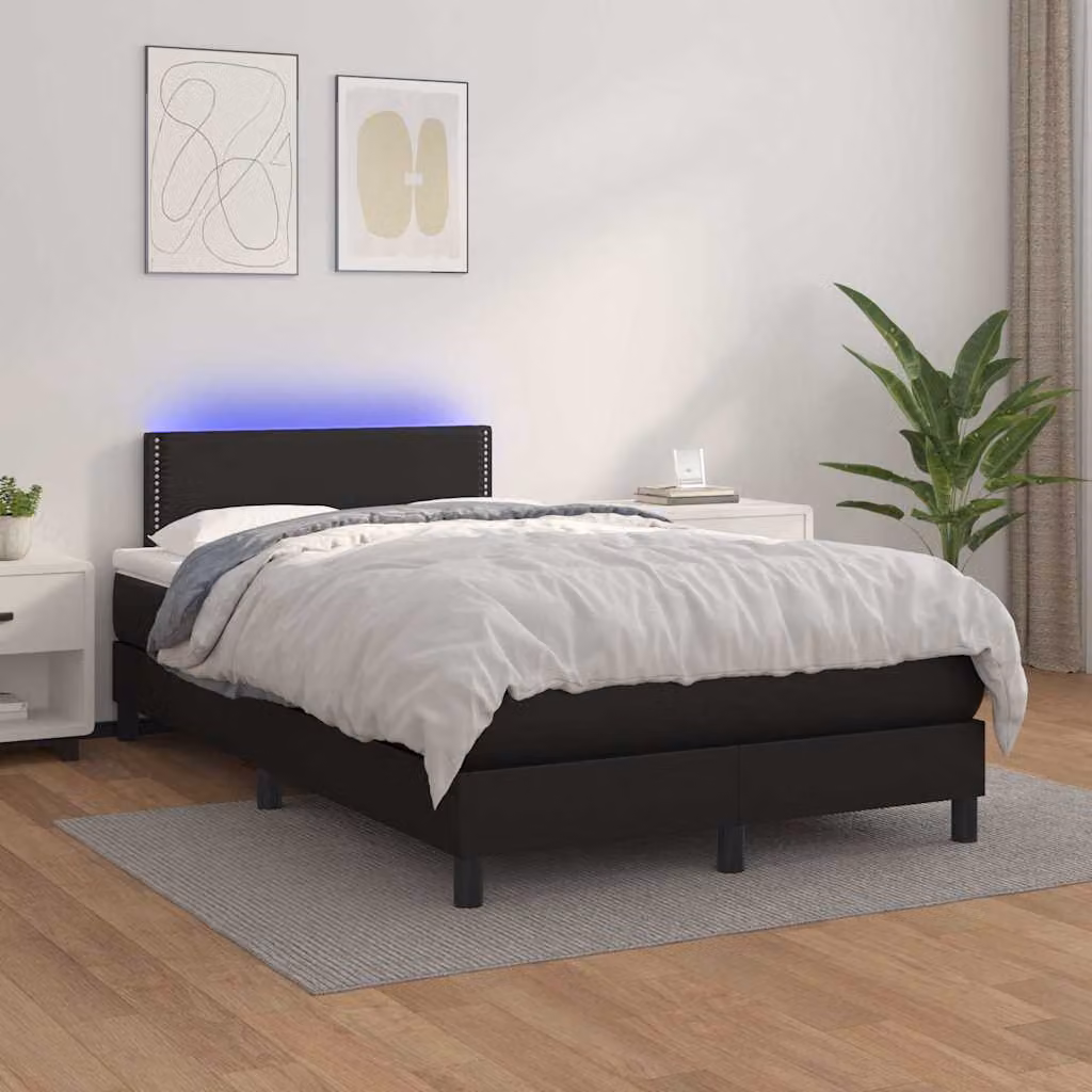 vidaXL Giroletto a Molle con Materasso e LED Nero in Similpelle, L/P/H: 120 x 200 cm – 1