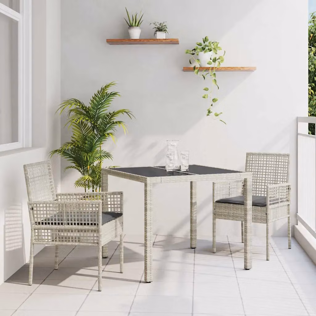 Set da pranzo per giardino e terrazzo vidaXL in polyrattan e vetro, 3 pezzi, Grigio