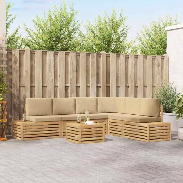 7 pz Set di divani da esterno Poliestere Bianco e Beige 3392483