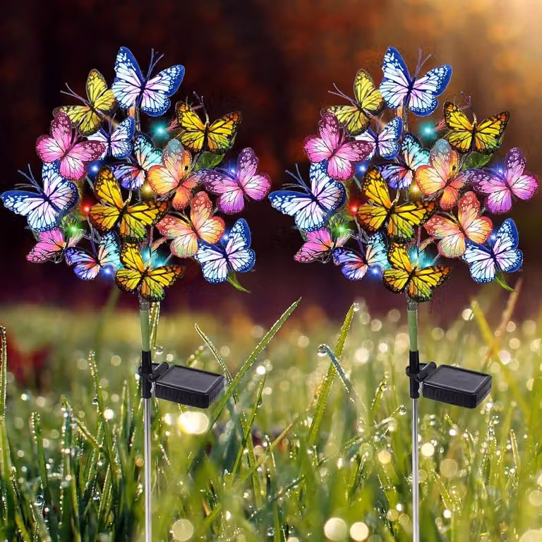 Set da 2 luci solari per giardino, impermeabili, con 44 LED, decorazioni a forma di farfalle e fiori, ideali per giardino, terrazza e prato