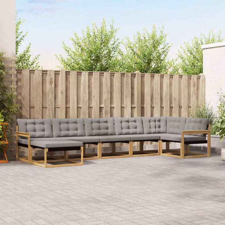 Set di divani da esterno vidaXL 7 pz a forma di L in legno di acacia con cuscini bianchi e grigi