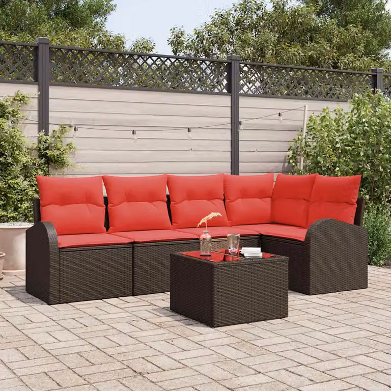 Set Divano da Giardino vidaXL a Forma di L con Tavolino, 6 Pezzi, Marrone e Rosso con Cuscini e Struttura in Metallo