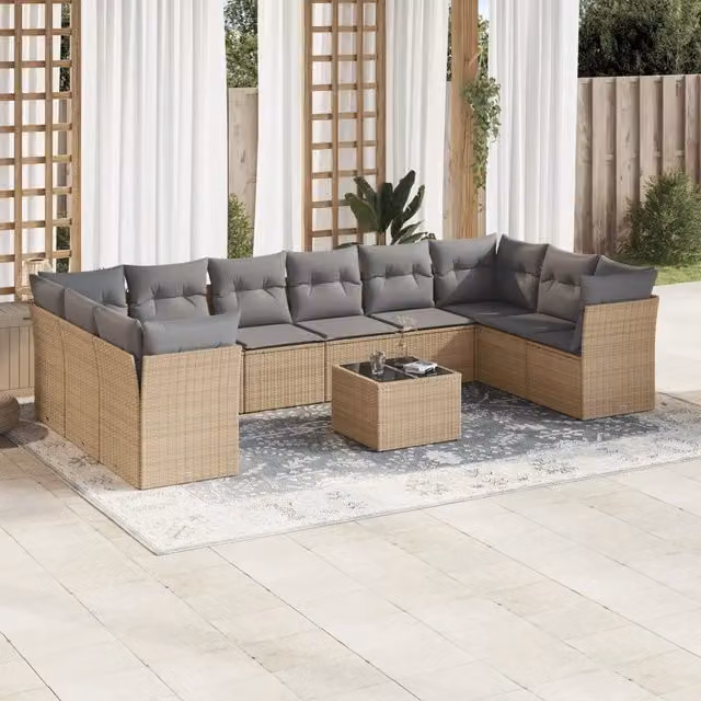 Set di divani da giardino VIDAXL in polyrattan con cuscini beige, composizione a L da 11 pezzi