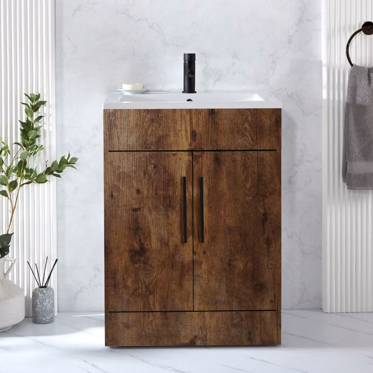 Mobile Bagno a Terra Rovere Scuro da 610mm con Lavabo e Maniglie Nere con Barra a T - Cluo