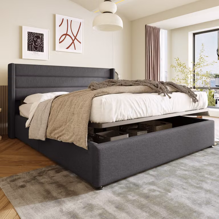 Flieks Letto imbottito con contenitore e rete a doghe Letto matrimoniale idraulico Letti funzionali 160x200cm