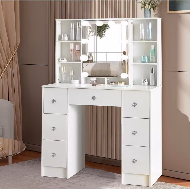 Tavolino da toilette Puselo con illuminazione e specchio 100x40x140cm