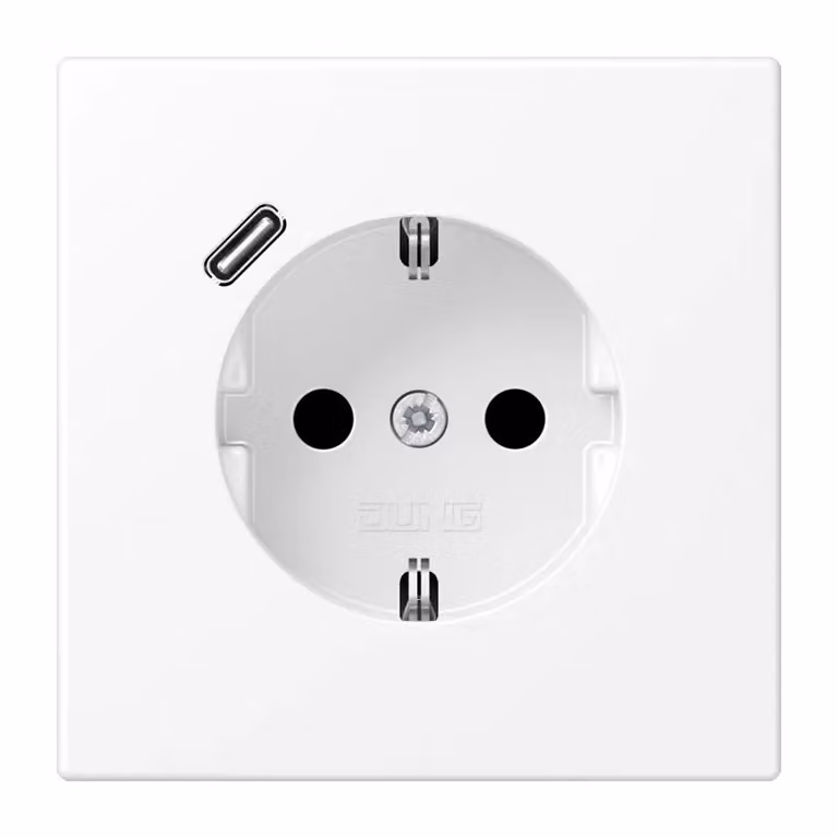 Presa Jung SCHUKO da 16 A 250 V ~, con caricatore USB 1 x tipo C, protezione integrata contro le scosse elettriche, serie LS, bianco neve opaco LS1520-18CWWM