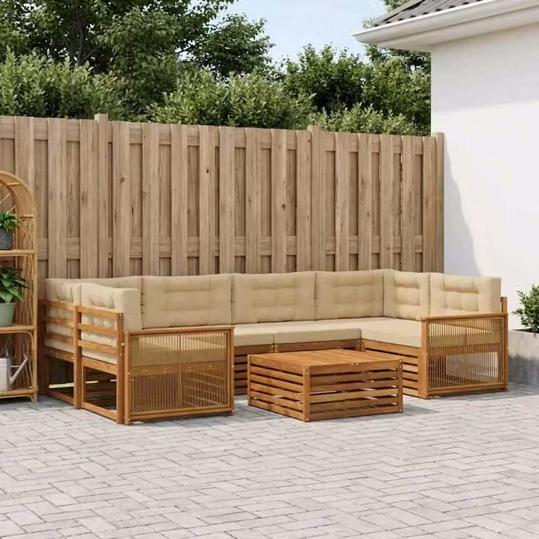 Set di divani da esterno vidaXL 7 pezzi in legno di acacia con tavolo da caffè e cuscini, colore beige e sabbia