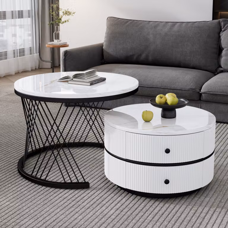Abrihome set di 2 tavolini da salotto, tavolino con motivo in marmo e struttura in metallo, nero