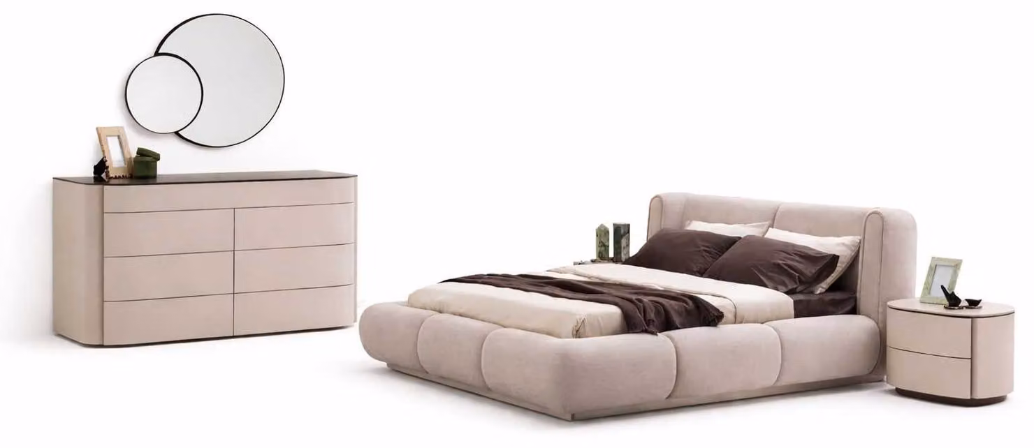 Set da camera da letto di design composto da letto, 2 comodini e cassettiera in legno beige, 4 pezzi